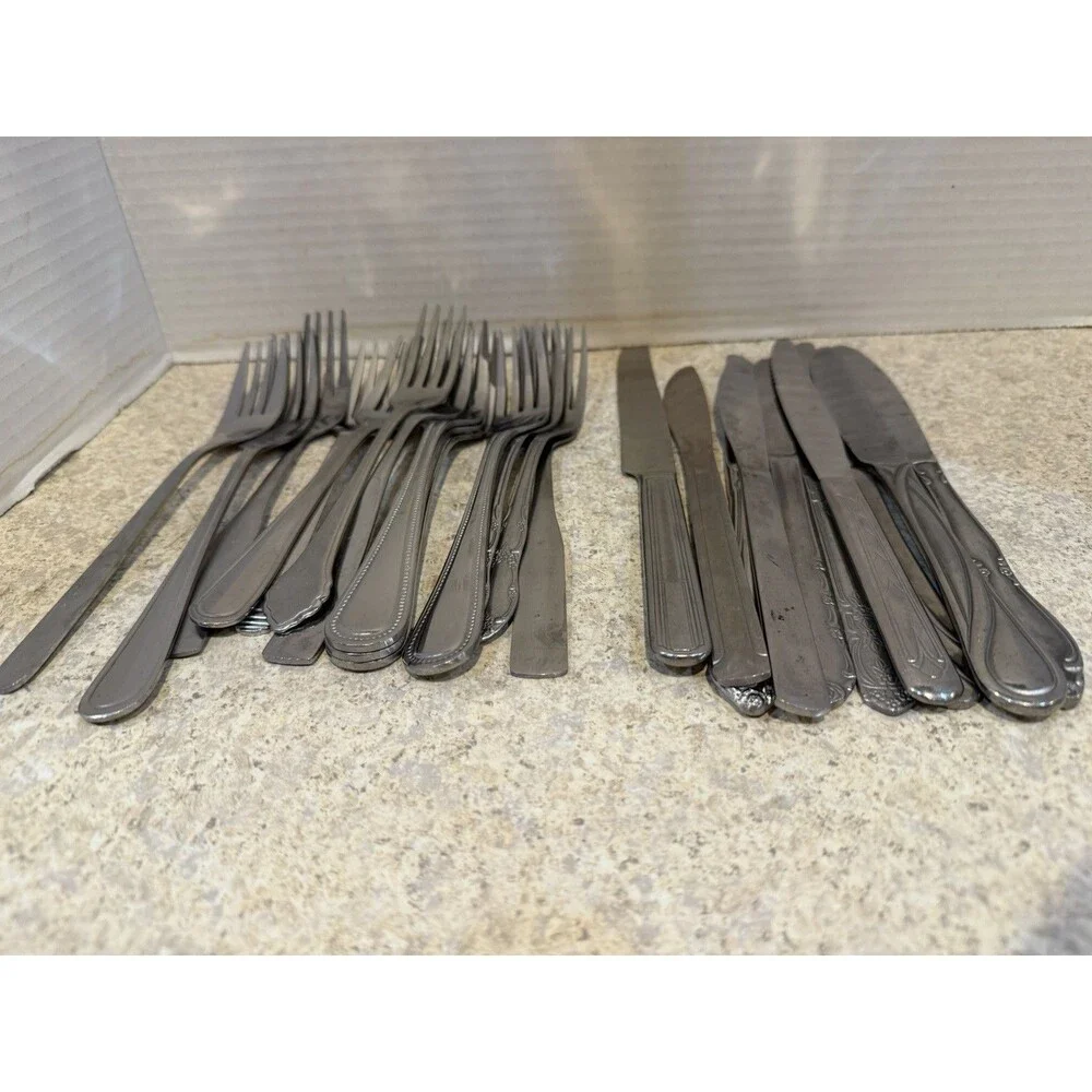 Vintage Mixed Lot Stainless Flatware 24pc 14 Forks 10 Knives Assorted Brands